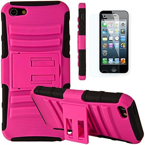 iPhone 5 case, iPhone 5S case, Moreyoulike Armor Dual Layer Hard Plastic Silicone Case Cover with kick stand with Free Screen Protector (Pink)