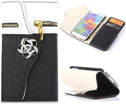 Ezydigital Luxury Zipper Leather Flip Wallet Hybrid Case With Rose Leather Case Cover For Samsung Galaxy S5,White/Black