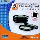 Zeikos 5 Pc. Professional High Definition 58mm Close-Up Macro Lens Filter Set with Pouch +1 +2 +4 +8 and +10 BONUS: FREE 2 Pc. MicroFiber Lens Cleaning Cloth Included