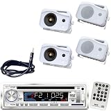 Pyle Marine Radio Receiver, Speaker and Cable Package - PLCD36MRW AM/FM-MPX IN-Dash Marine CD/MP3 Player/Weatherband/USB & SD Card Function - 2x PLMR25 4 2 Pairs of 300 Watt 3-Way Water Proof Mini Box Speaker System (White) - PLMRNT1 22" Weather Resistant Radio AM/FM Marine Wire Antenna