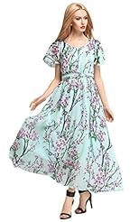 Summer Full Length  Chiffon Floral Print Tropical Print  Dress With Ruffles