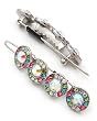 2 Silvertone Multi Colored Rhinestone Metal Snap Hair Barette Clips