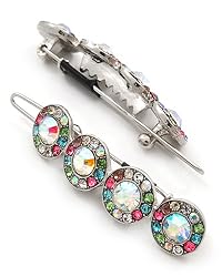 2 Silvertone Multi Colored Rhinestone Metal Snap Hair Barette Clips