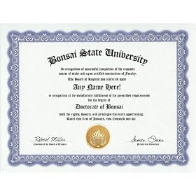 Bonsai Tree Degree: Custom Gag Diploma Doctorate Certificate (Funny Customized Joke Gift - Novelty Item)