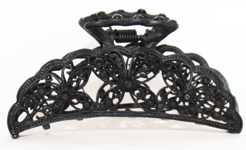 Hair Claw: 3.15 inch Black Lace Metal with Butterflies and Crystals