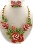Bold and Beautiful XX-Large and Fancy Red Siam & Green Crystal Rose Necklace & Earrings Set Gold Tone