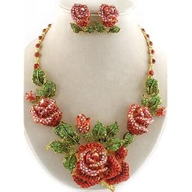 Bold and Beautiful XX-Large and Fancy Red Siam and Green Crystal Rose Necklace and Earrings Set...