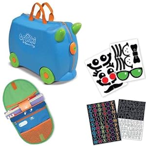 Trunki by Melissa & Doug Wheeled Carry-On Kids Luggage - Terrance Blue with Coordinating Saddle Bag and Decorative Sticker Set