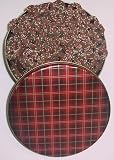 Scott's Cakes Mini Chocolate Covered Pretzels with Christmas Color Non-Pareils in a Plaid Tin