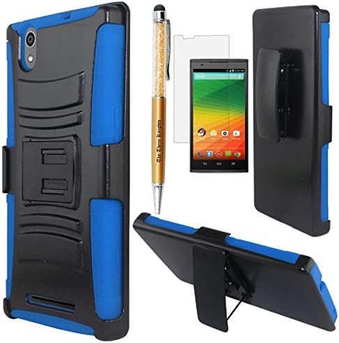 ZTE ZMAX Z970 Case, The3Knights[TM] Armor Shock Proof Heavy Duty Stand Cases with Swivel Belt Clip Cover for ZTE ZMAX Case + The3Knights[TM] Universal 2 in 1 Crystal Classic Stylus Pen + Premium Screen Guard (Holster Blue)