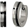 Black Silver Tone Stainless Steel Center Grooved Huggie Hoop Earrings