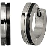 Black Silver Tone Stainless Steel Center Grooved Huggie Hoop Earrings
