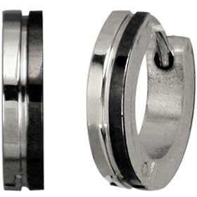 Black Silver Tone Stainless Steel Center Grooved Huggie Hoop Earrings