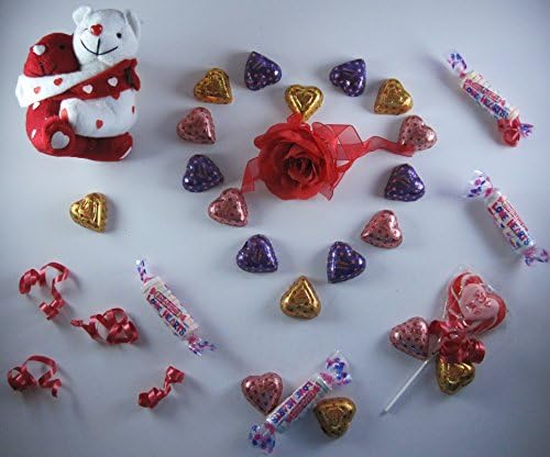 Valentine Gift Box. Bundle of 6: Plush Teddy, Chocolate Hearts, Smarties, Swirl Pop and a Red Rose with a Valentine Bag (Red)