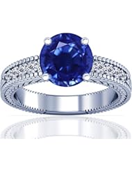 14K White Gold Round Cut Blue Sapphire Ring With Sidestones (GIA Certificate)