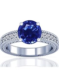 18K White Gold Round Cut Blue Sapphire Ring With Sidestones (GIA Certificate)
