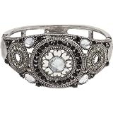 GLAM Black and Clear Crystal Rosette Silver Tone Cuff Bracelet