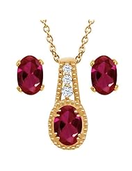 2.37 Ct Oval Red Created Ruby 14K Yellow Gold Pendant Earrings Set