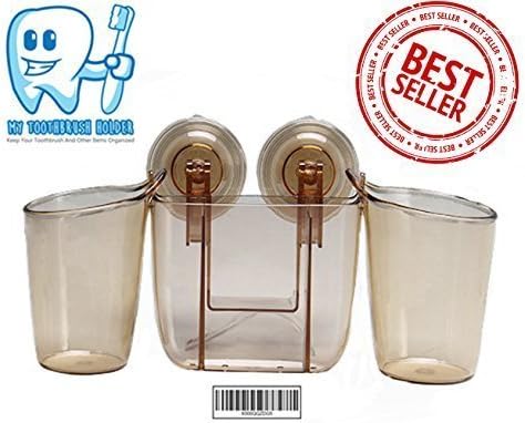 My Toothbrush Holder | Suction Cup Toothbrush Holder Wall Mounted, with 2 Gargle Cups, Sticks on Mirror Tile Non Porous Surface, Storage Rack for Family Bathroom Kitchen Wall Shower Decor