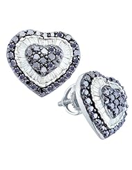 14K White Gold 1.50CT Black Diamond Baguette Cut Heart Earrings
