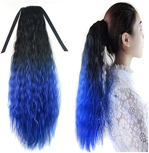 Stepupgirl 19 Inch 1 Piece Corn Perm Curly Curl Omber Color Ponytail with Tie Up (Black to Dark Blue)