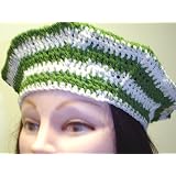 B305x, Hand Crocheted White and Kelly Green Stripe Gimp Beret for Men Women and Teens