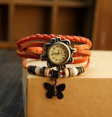 JADE Olines Fans Charms Accessories 103% Hand-made Leather Band Vintage Butterfly Bracelet Wrist Quartz Watch(Orange)