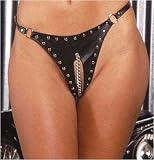 Boom Boom Babes Sexy One Size Romantic Boxed Womens Leather Cut Out Thong with Chain and stud trim