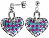 Sterling Silver 7/8 (23mm) tall Checkered Heart Dangle Earrings, Rhodium Plated w/ Pink & Blue Enamel Designs