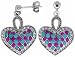 Sterling Silver 7/8 (23mm) tall Checkered Heart Dangle Earrings, Rhodium Plated w/ Pink & Blue Enamel Designs