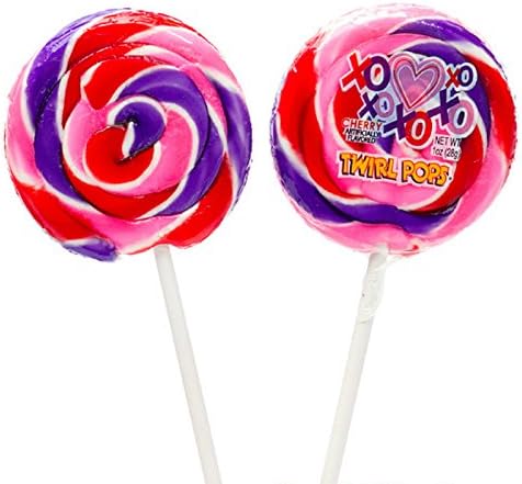 4 Piece Set of XOXO Cherry Flavored Twirl Pops Lollipop Suckers Pink Purple Red 1.5 Oz Each