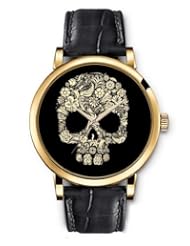 Analog Gold Women Watches Black Leather Wristband - Flower Decoration Skull
