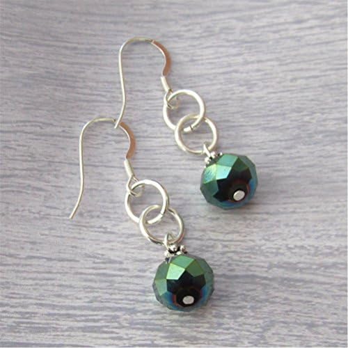 Sterling Silver Dangle Ring Earrings With Iridescent Green Beads