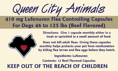 Queen City Animals Flea Controlling Capsules For Large Dogs 46 - 125 Pounds. 12 Monthly Beef Flavored 410 mg Lufenuron Capsules Controls Flea Eggs And Larvae For Your Dog for a Full Year. The Same Active Ingredient As The Major National Brand. (Not For Little Dogs)