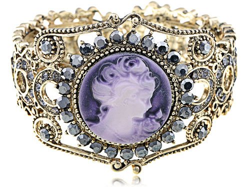 Lavender Cameo Lady Vintage Inspired Crystal Rhinestone Cuff Bracelet Bangle
