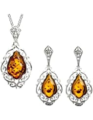 Honey Amber Sterling Silver Classic Set Earrings Pendant Rolo Chain 18 Inches