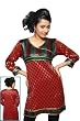 Red colored viscose Kurti with brocade neckline and lace work.