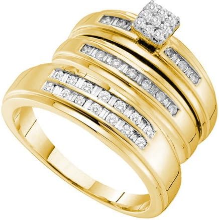 14K Yellow Gold 0.48ctw Elegant Channel Diamond His & Hers Cushion Trio Set Ring