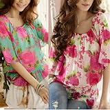 Allegra K Women Flower Print Elastic Scoop Neck Chiffon Blouse
