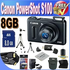 Canon PowerShot S100 12.1 MP Digital Camera with 5x Wide Angle Optical Image Stabilized Zoom (Black) + 8GB SDHC Class 10 Memory + Extended Life Battery + Ac/Dc Rapid Charger + USB Card Reader + Memory Card Wallet + Deluxe Case w/Strap + Mini HDMI to HDMI Cable + Shock Proof Deluxe Case + Professiona