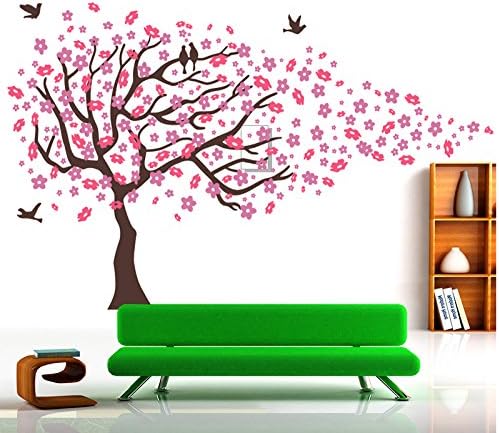 Christmas Pink cherry blossom tree decal nursery-blowing tree wall sticker-vinyl flying brids flower tree decal for living room-removable floral decal