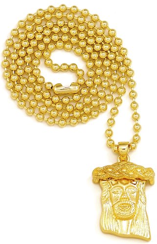 Crowned-Jesus-Necklace-All-Gold-Color-New-Mini-Size-With-27-Inch-Ball-Style-Chain
