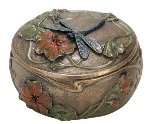 Dragonfly and Flower Design Box - Cold Cast Resin - 3.5'' Diameter