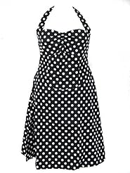Plus Size Sexy Polka Dot Print Halter Gathered Vintage Flared-Skirt Cotton/Spandex  Dress