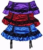 Ladies 3 Pack Red, Purple and Blue Irresistible Glamour Skirted Thong Satin Underwear with Garter with Lace Trim