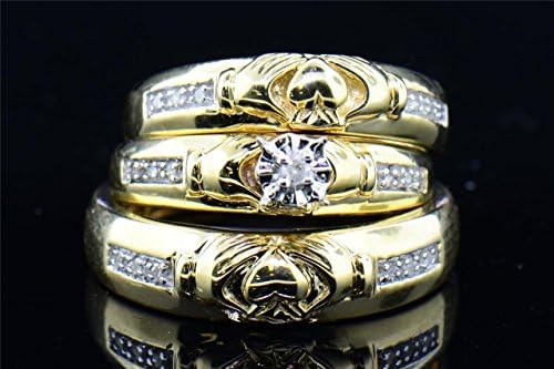 10K Yellow Gold Round Cut Diamond Wedding Trio Set .12 Cttw