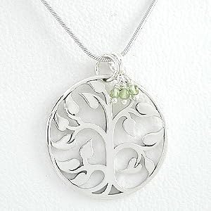 Round Cut Out Design Tree of Life Pendant in Sterling Silver with Peridot Gemstone Beads on an 18" Rhodium and Sterling Snake Chain, #8446