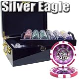 500 Ct Silver Eagle 14 Gram Clay Poker Chip Set w/ Black Mahogany Wooden Case - Free Dealer Button and Cards