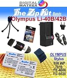 TheZipKit for OLYMPUS Stylus 550 WP. Includes: 2 Li-40B/42B 1000mAh Ultra High Capacity Batteries made with cells produced in JAPAN or USA, Table-Top Wire Tripod, 110/240 Mini Charger with fold out plug and a DC car adapter, SD/SDHC Card Reader, LCD Protection Film Kit and more. .. OLYMPUS Stylus 550WP.