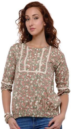 Floral Print Quarter Sleeve Peasant Blouse (Large, olive green)